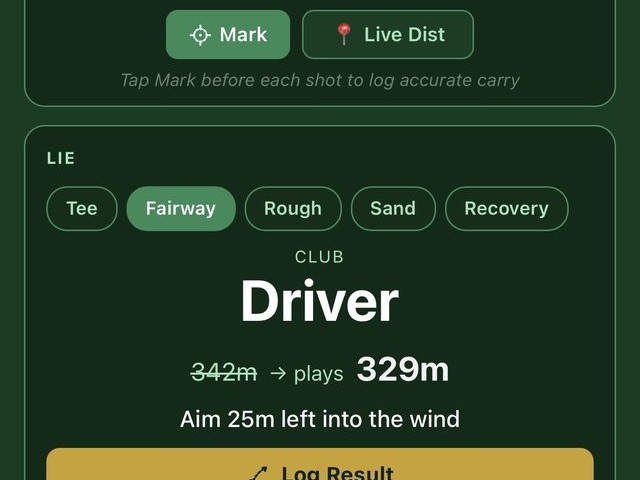 In-round caddie card recommending Driver, playing 329m, and telling the golfer to aim 25m left into the wind