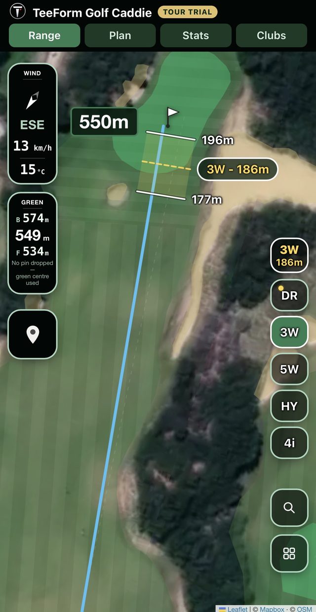 TeeForm satellite view of a par 5 showing landing bars for a 3 Wood: a short bar at 177 metres, a long bar at 196 metres and a dashed bar at the 186 metre average carry, with a column of clubs along the right edge
