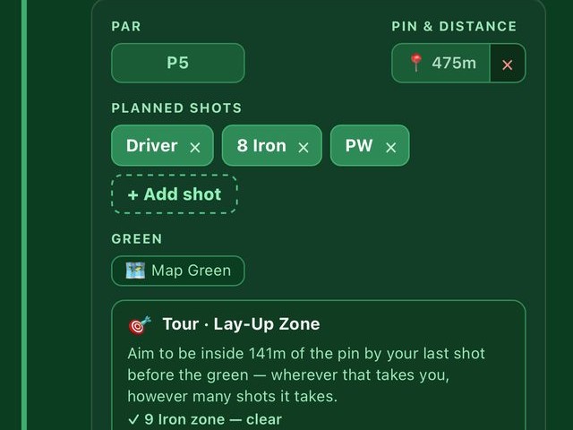 Pre-round planner showing par, pin distance, planned clubs Driver/8 Iron/PW, and a Tour Lay-Up Zone strategy card for a hole
