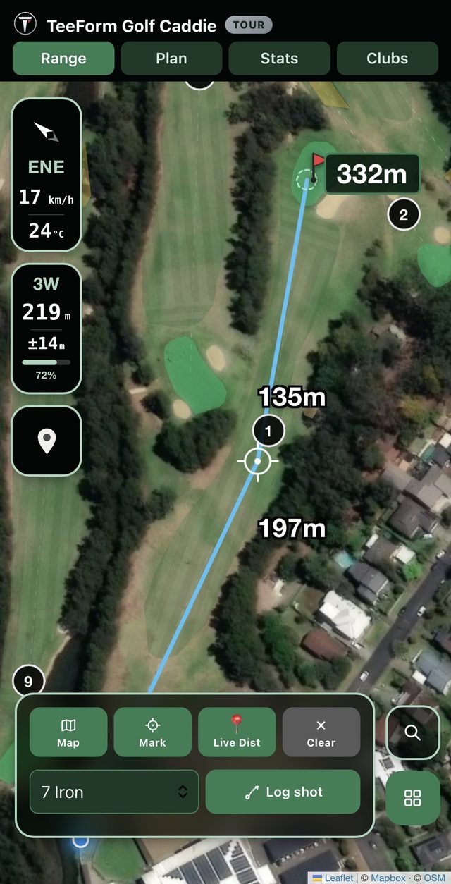Satellite rangefinder with a dogleg line and live wind readout